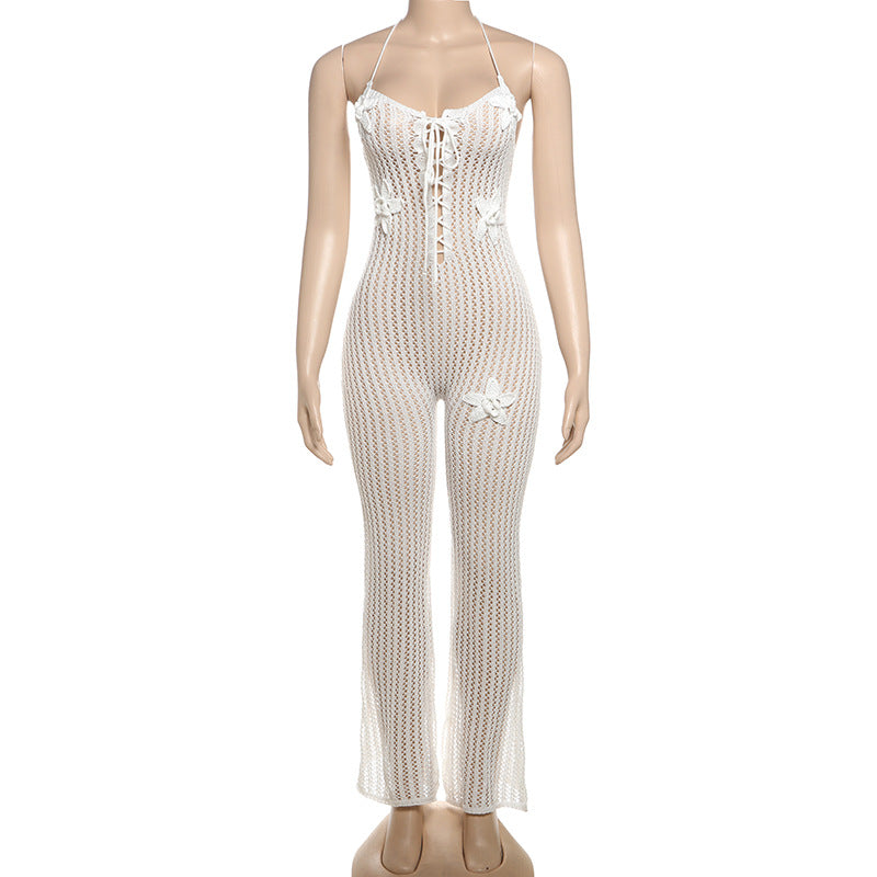 Spring Sexy Halter Neck Low Back Slim Flared Jumpsuit 8