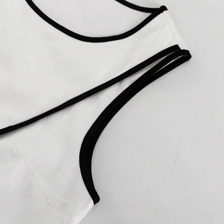 Women contrast color cross round neck sleeveless top Slit trousers two-piece set 12