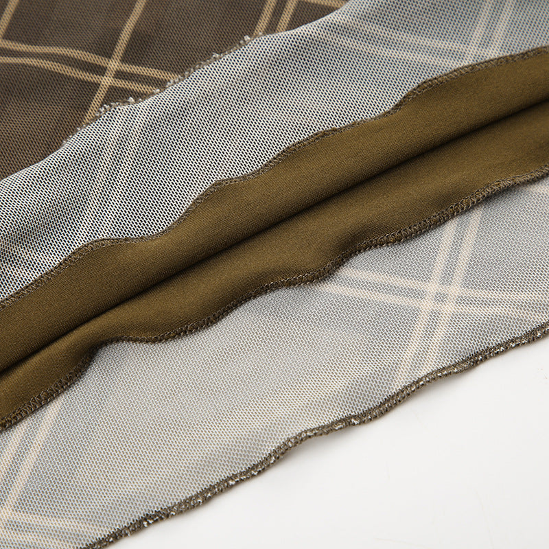 Plaid Mesh Patchwork  Strap Mini Dress 17