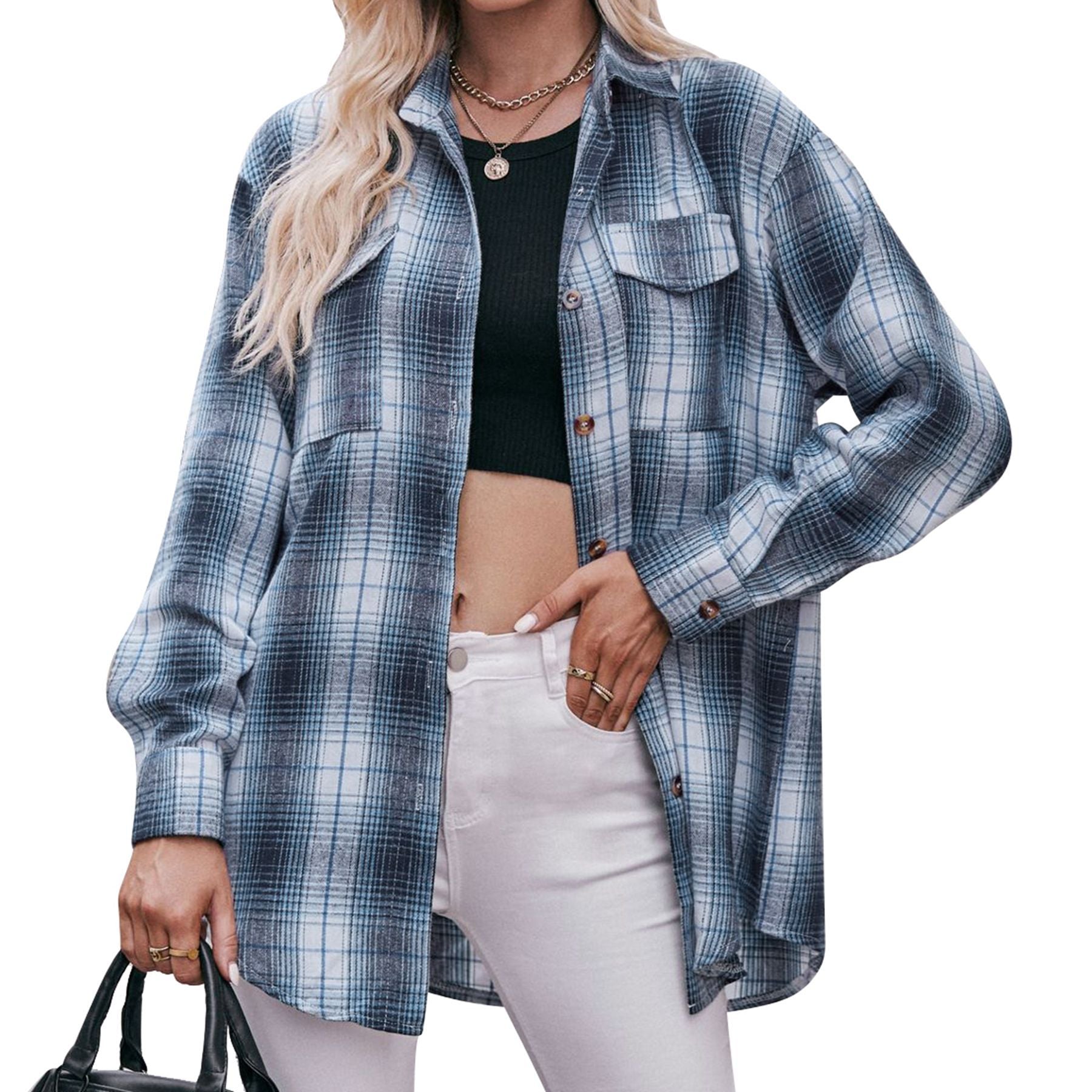 Women Casual oversize loose plaid shirt 15