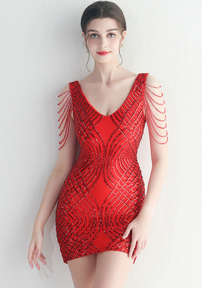 Sequins Beaded Straps Slim Bridesmaid Bodycon Dress Formal Party Dress