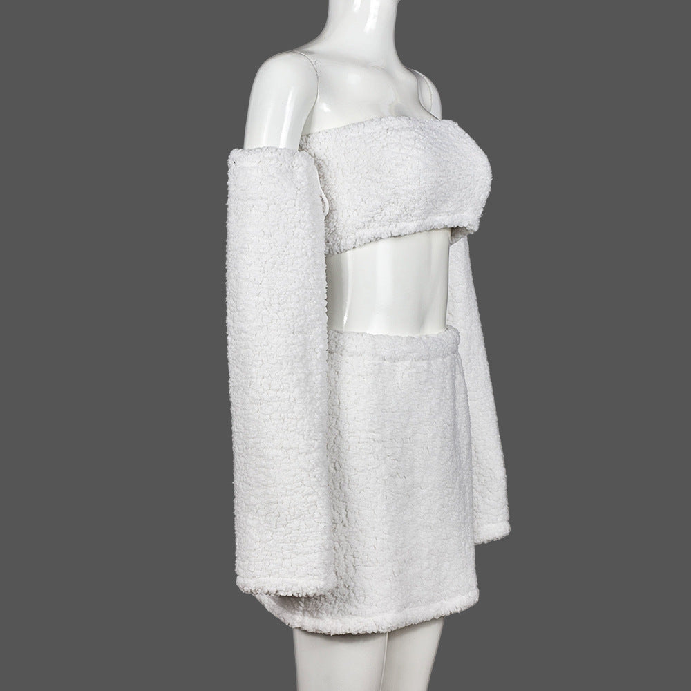 Autumn And Winter Plush Wrap Top And Mini Skirt Two Piece Set 10