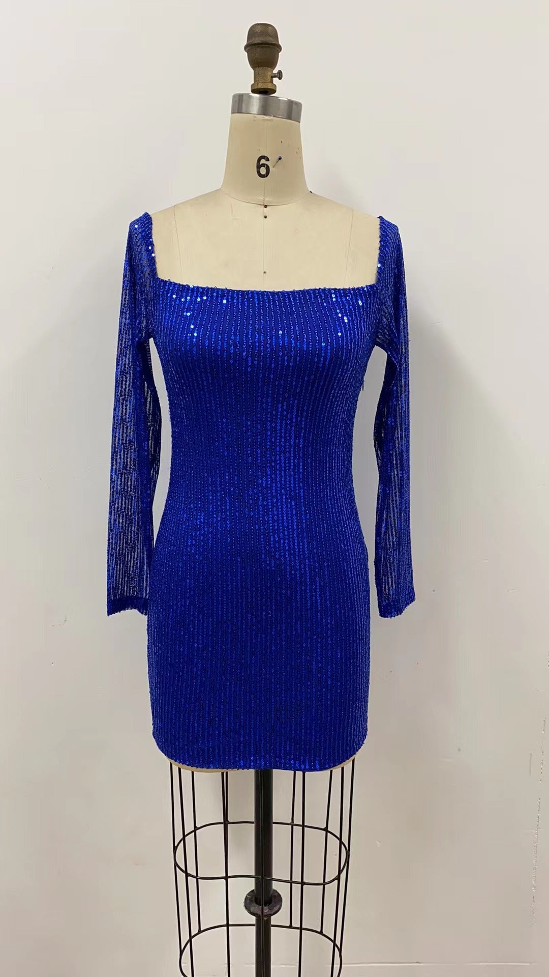 Sexy Long Sleeve Solid Color Sequin Evening Dress Slim Bodycon Dress 36
