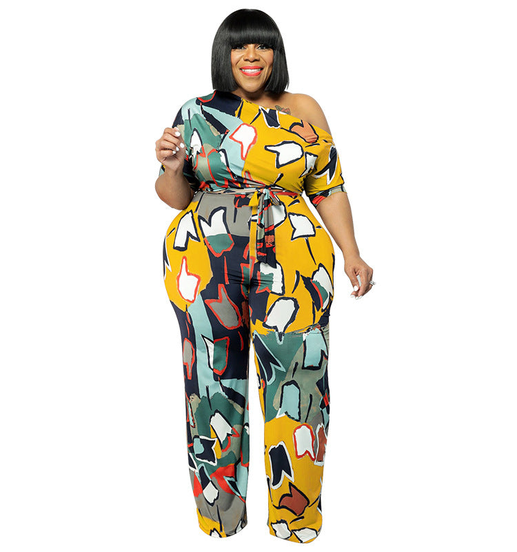 Plus Size Women summer Slash Shoulder print Jumpsuit with belt 13
