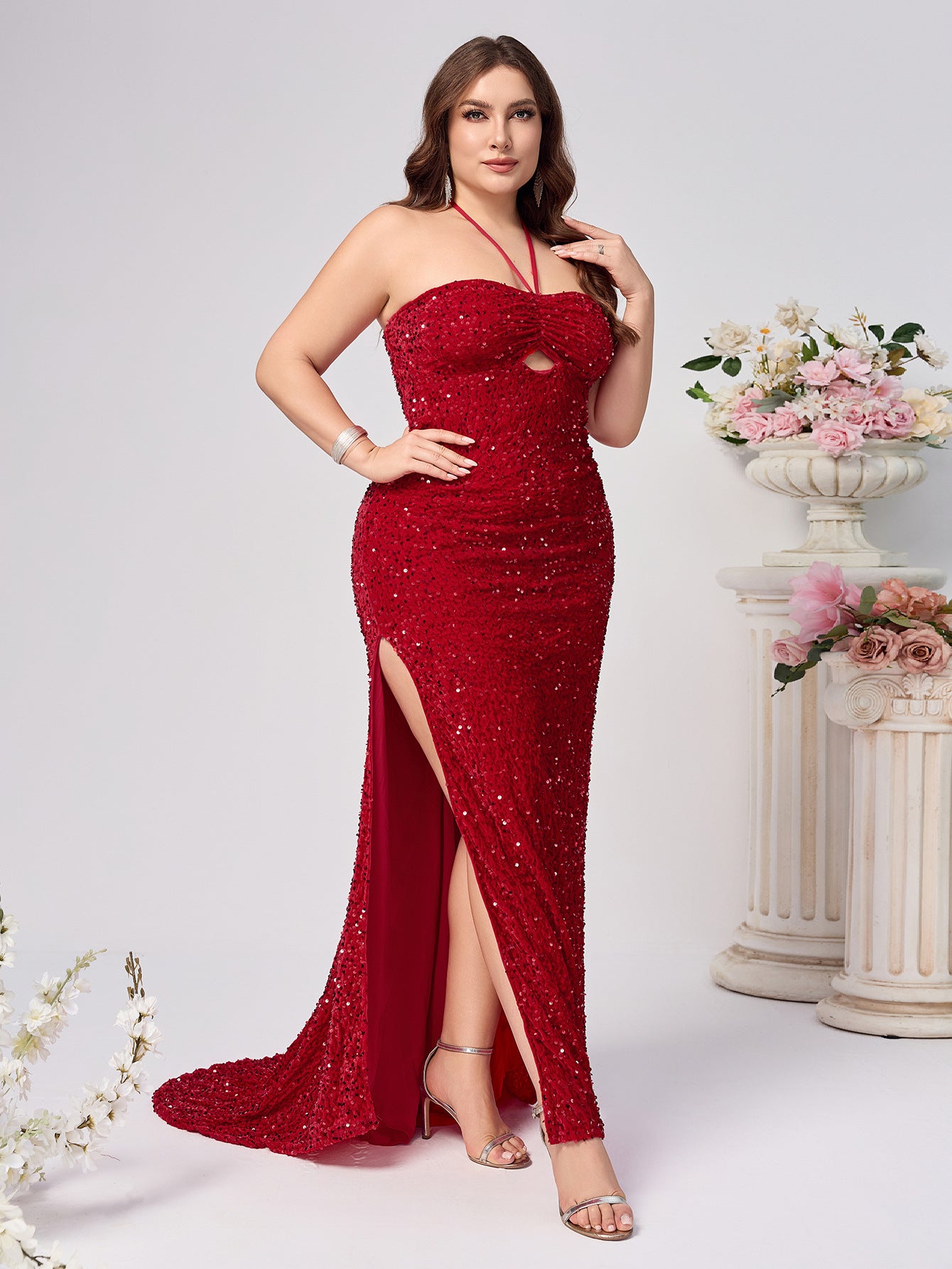 Plus Size Women Fashion Sexy Halter Neck Slit Red Sequin Evening Dresses 5
