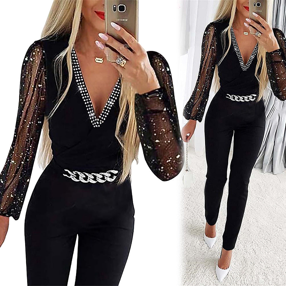 Autumn Women's Solid Color V-Neck Long Sleeve Beaded High Waist Casual Jumpsuit