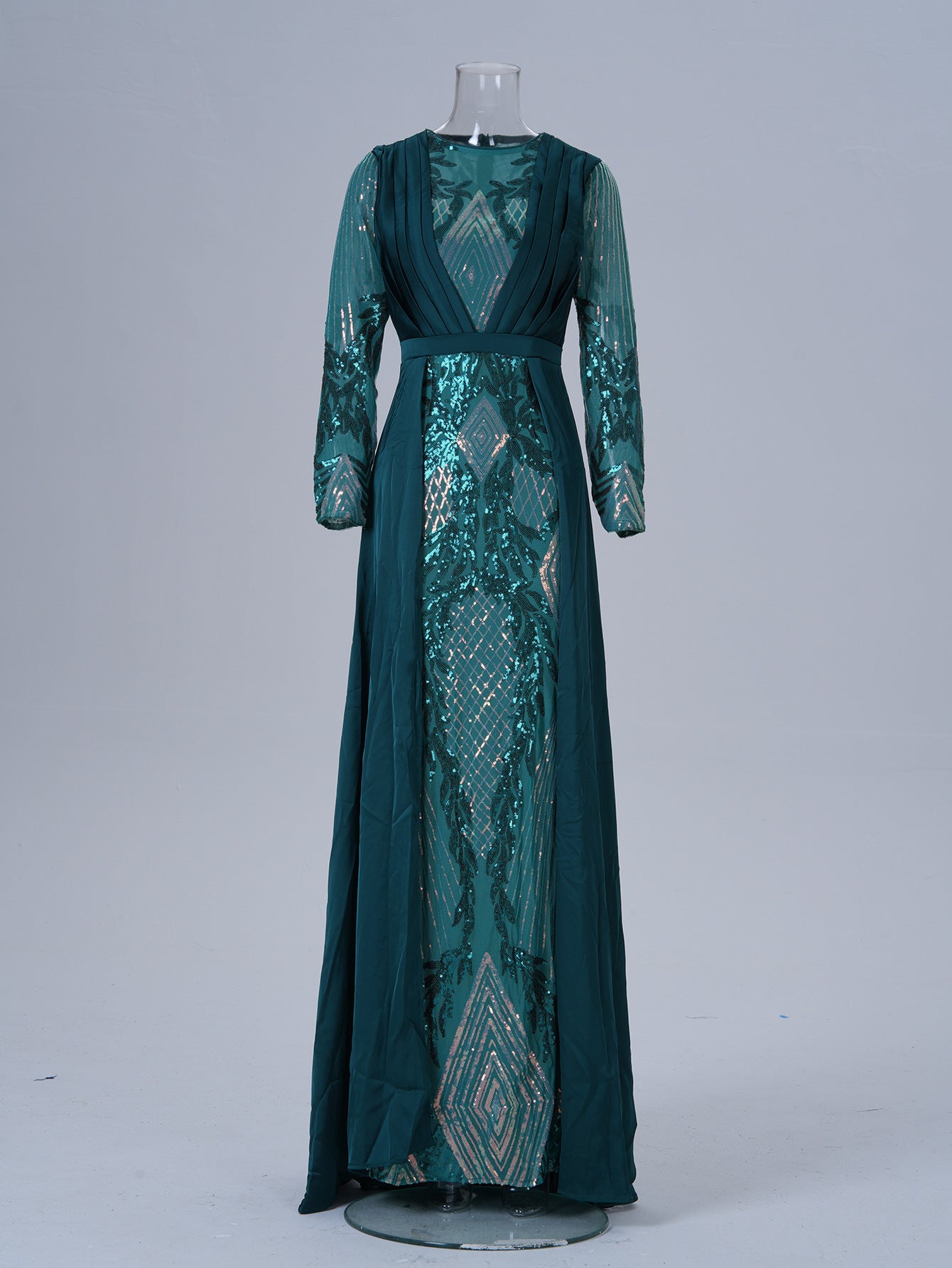 Women Long Sleeve Round Neck Sequined Formal Party Maxi Cape Fishtail Evening Dress 7