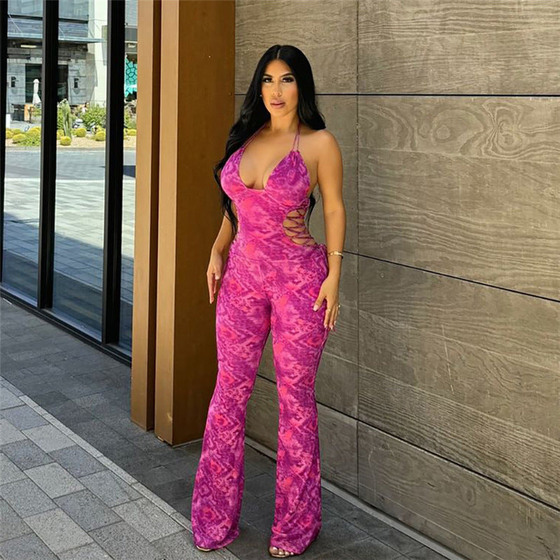 Spring Fashion Sexy Hollow Print Low Back Halter Neck Slim Fit Jumpsuit 3