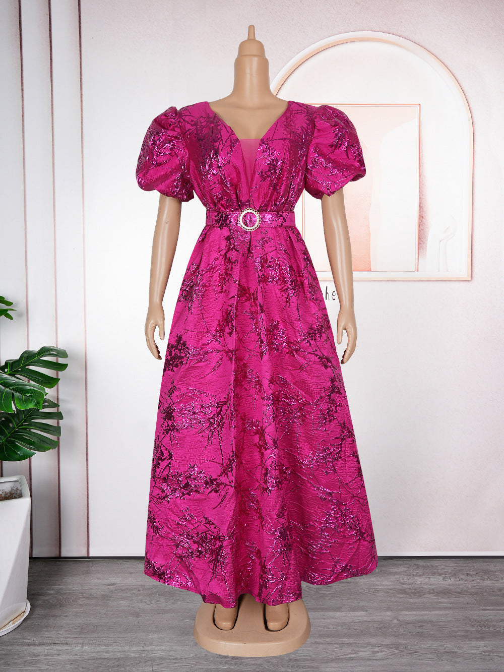 Chic Plus Size Dress Women Africa Mesh V-Neck Party Gown with Belt 8