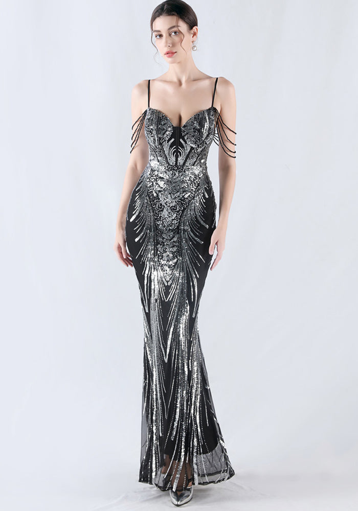 Fishbone Slim Waist Sexy Rhinestone Chain Strap Evening Dress