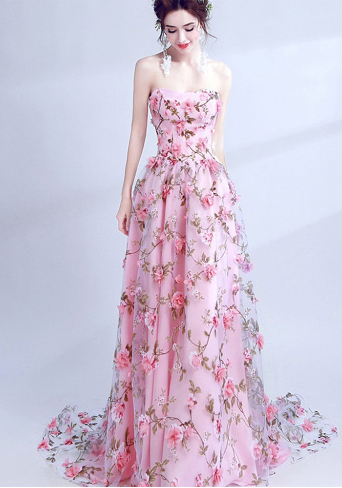 Pink Flower Lace Strapless Bride Wedding Formal Party Evening Dress（Processing time need 3-6 days）