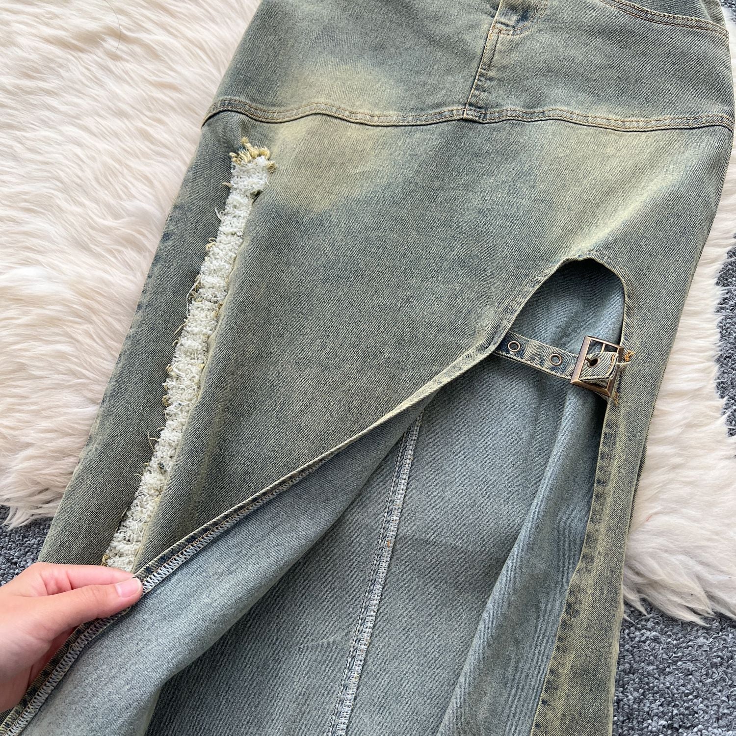 Turn Down Collar Distressed Denim Halter Top Slit Skirt Set 19