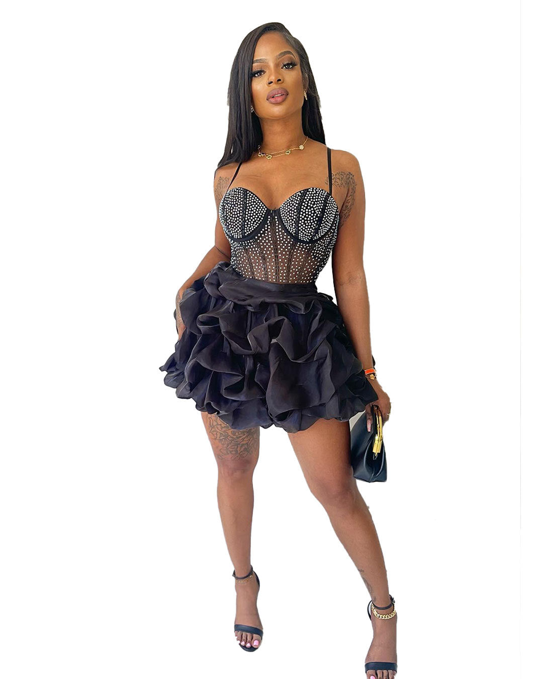 Women Sexy Beaded Stretch Camisole Cascading Ruffles Dress Tutu 10