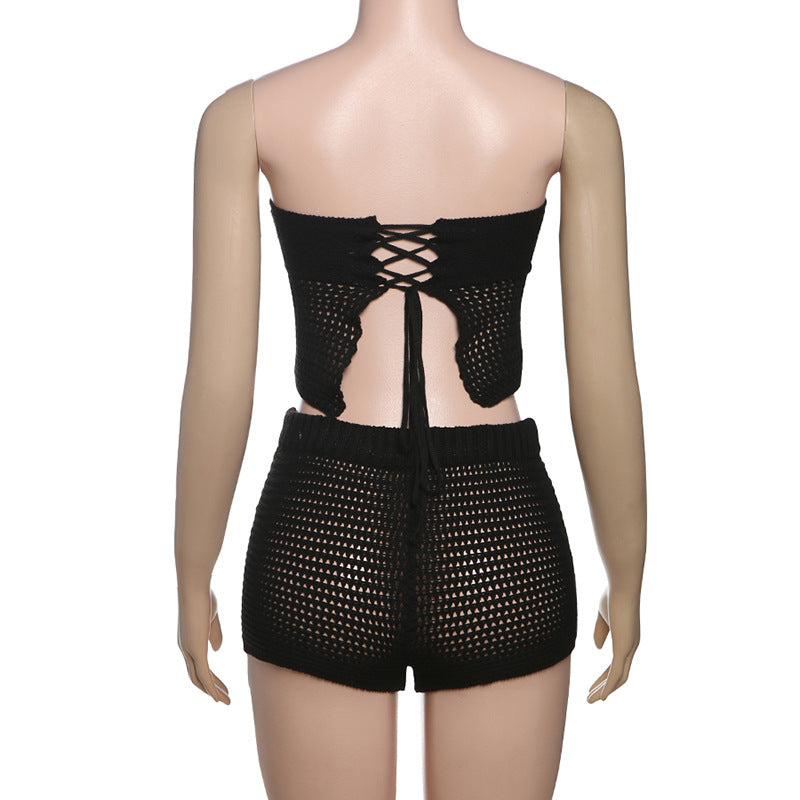 Women's Summer Sexy Strapless Floral Knitted Shorts Set 10