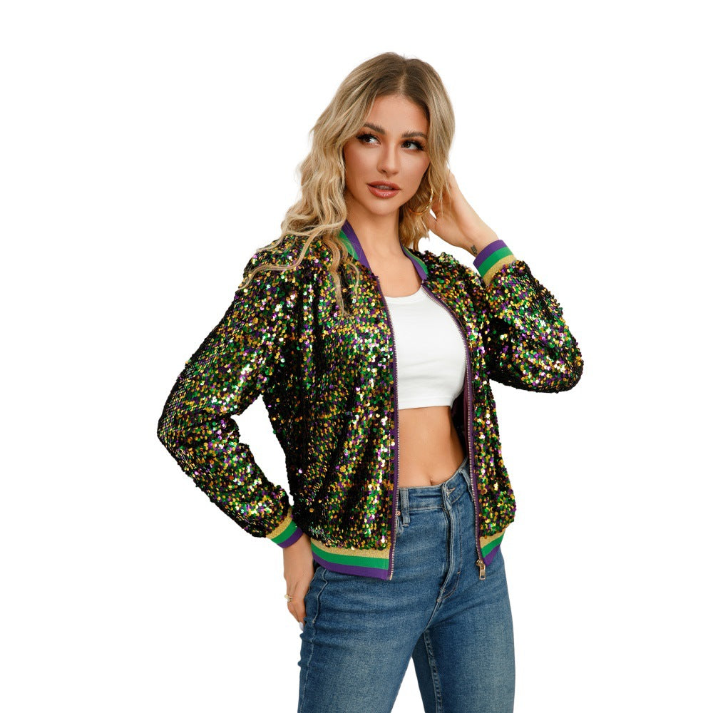 Color block sequin fashionable spring and autumn women's baseball jacket 7