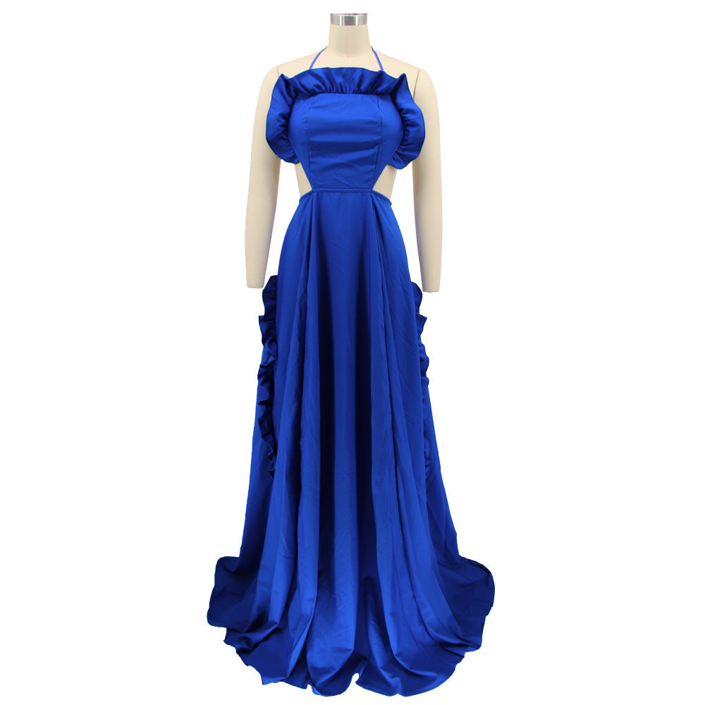 Sleeveless Halter Neck Ruffle Dress Sexy Solid Low Back Maxi Dress 7