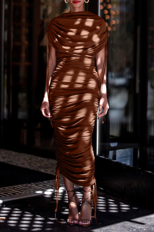 Women Solid Pleated Drawstring Zip Irregular Dress 3