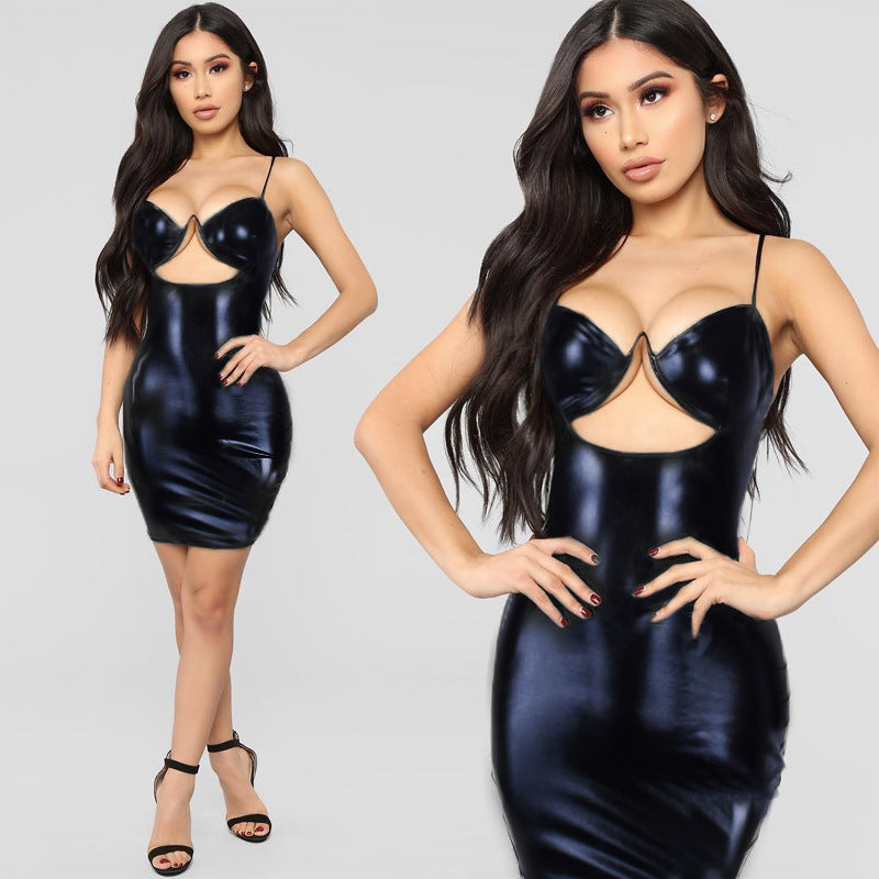 Women Summer Sexy Suspender Bodycon Pu Leather Dress