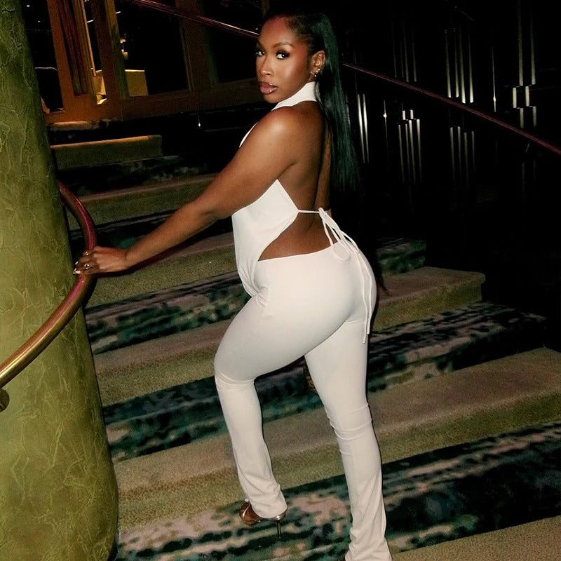 Fashion Halter-Neck Solid Color Low-Back Tight-Fitting Two-Piece Pants Set