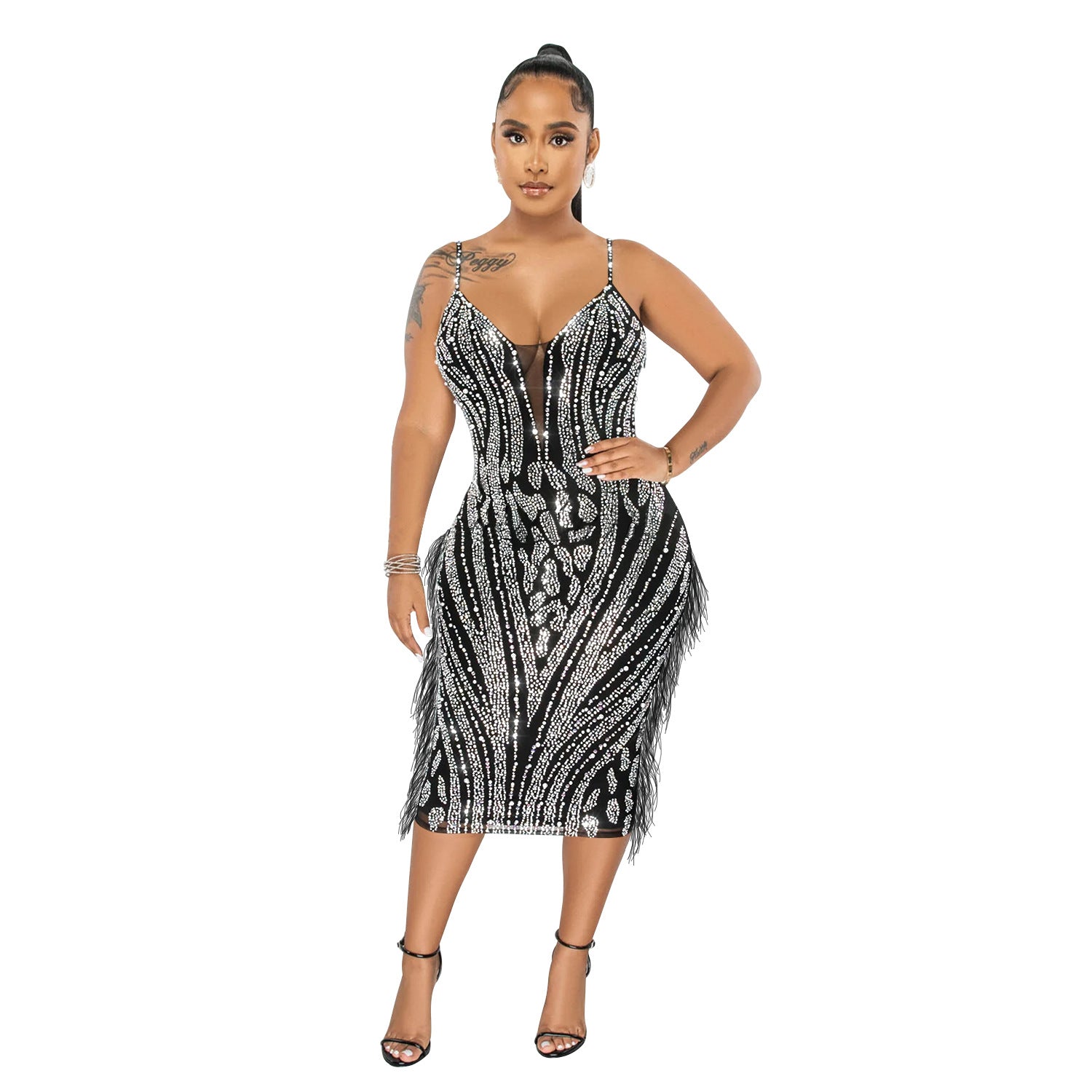 Women's Fashion Solid Color Camisole Sleeveless Mesh Beaded Maxi Dress 6