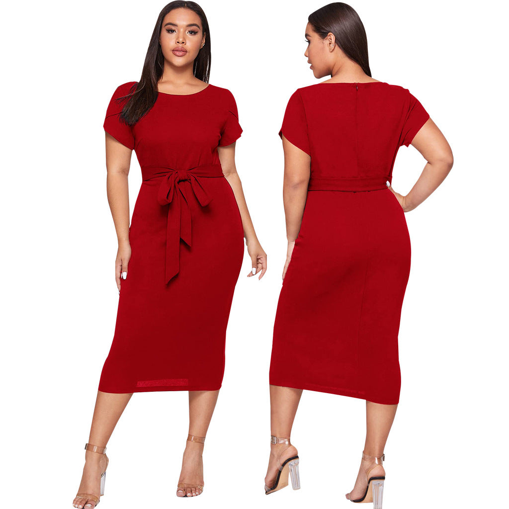 Women Round Neck Belted Short Sleeve Midi Dress 5