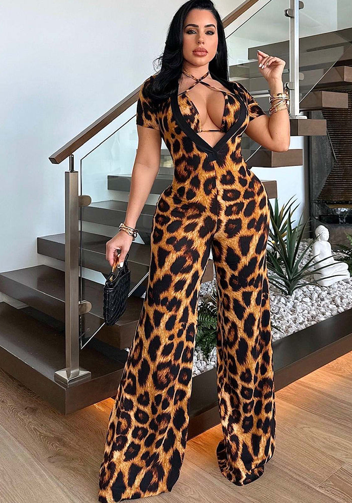 Summer Women Leopard Print Tie-Drawstring Chest Wide Leg Jumpsuit