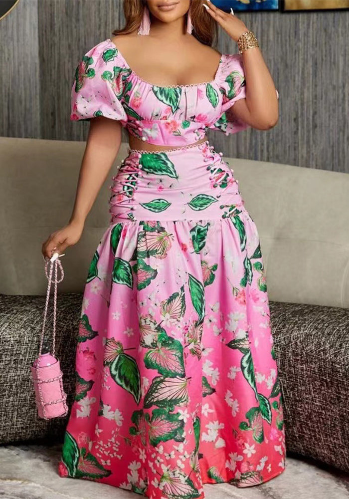 Women Casual Leaf Ombre Print Top and Skirt Two-Piece Set
