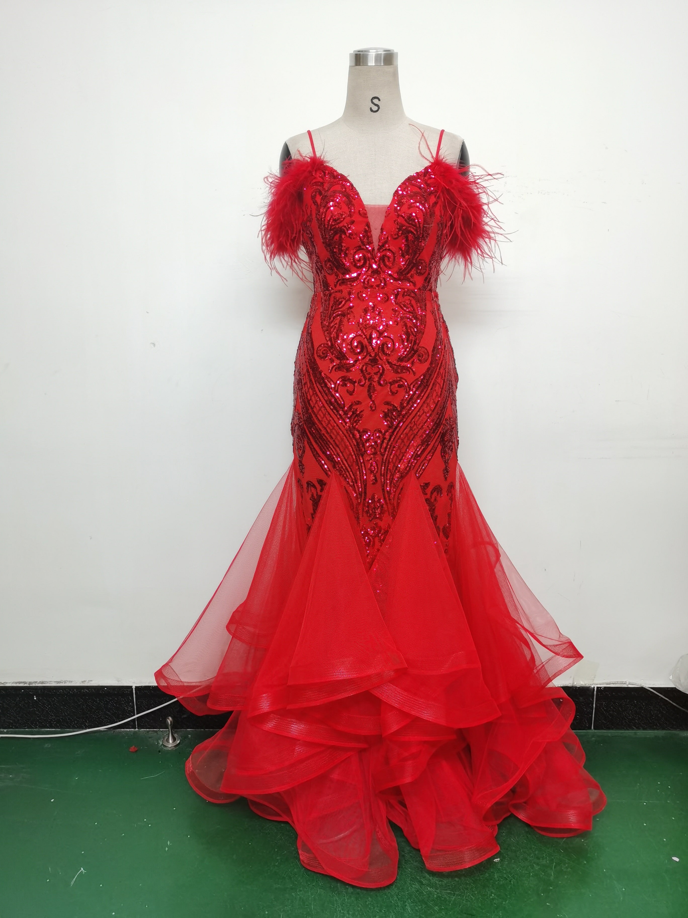 Women ostrich feather flower sequins patchwork mesh evening dress 19