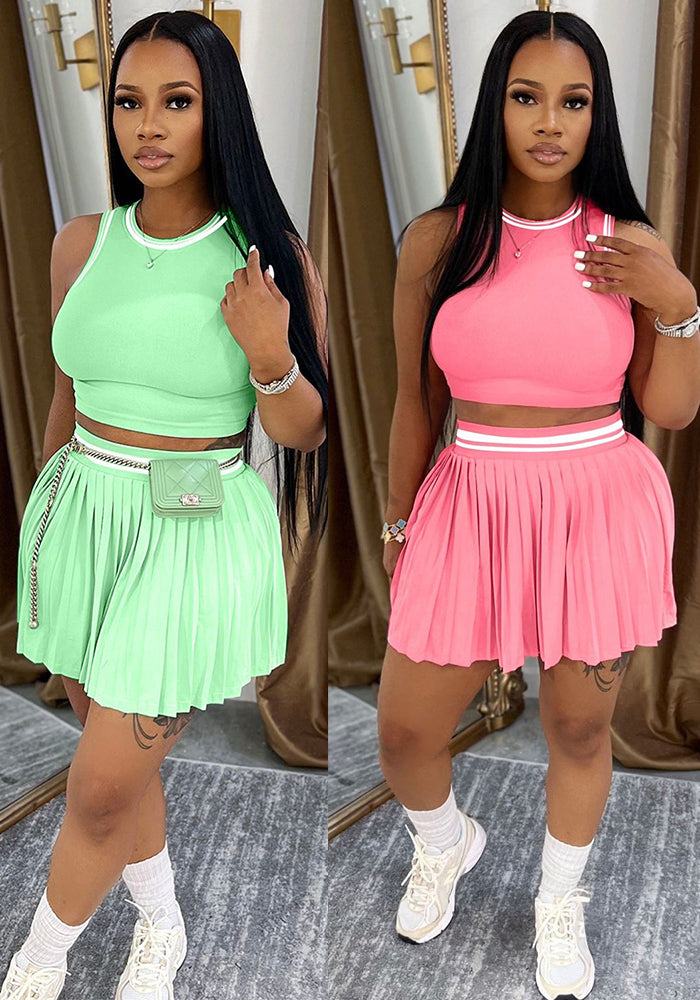 Women Sleeveless Crop Top and Casual Pleated Skirt Two-Piece Set