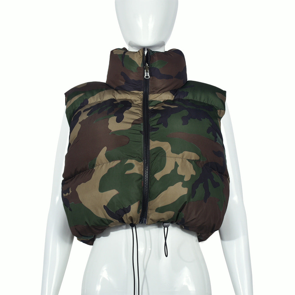 Women Autumn Camouflage Sleeveless Drawstring Style Trendy Padded Vest 7