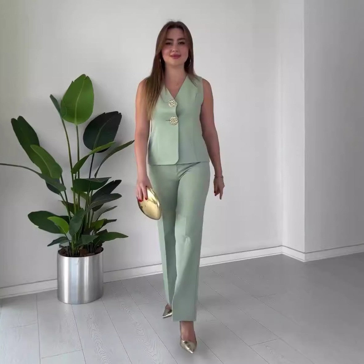 Women Solid V-Neck Sleeveless Vest and wide-leg pants two-piece set 21