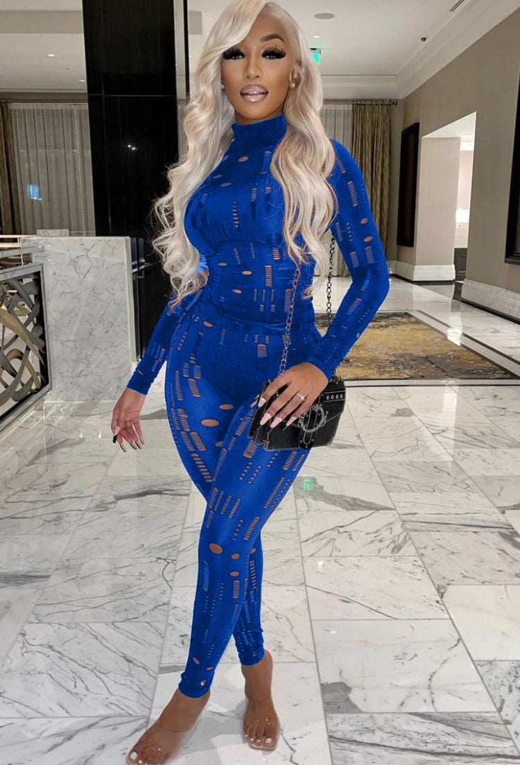 Spring Blue Sexy Hollow Out Tight Top and Pants Two Piece Set 3