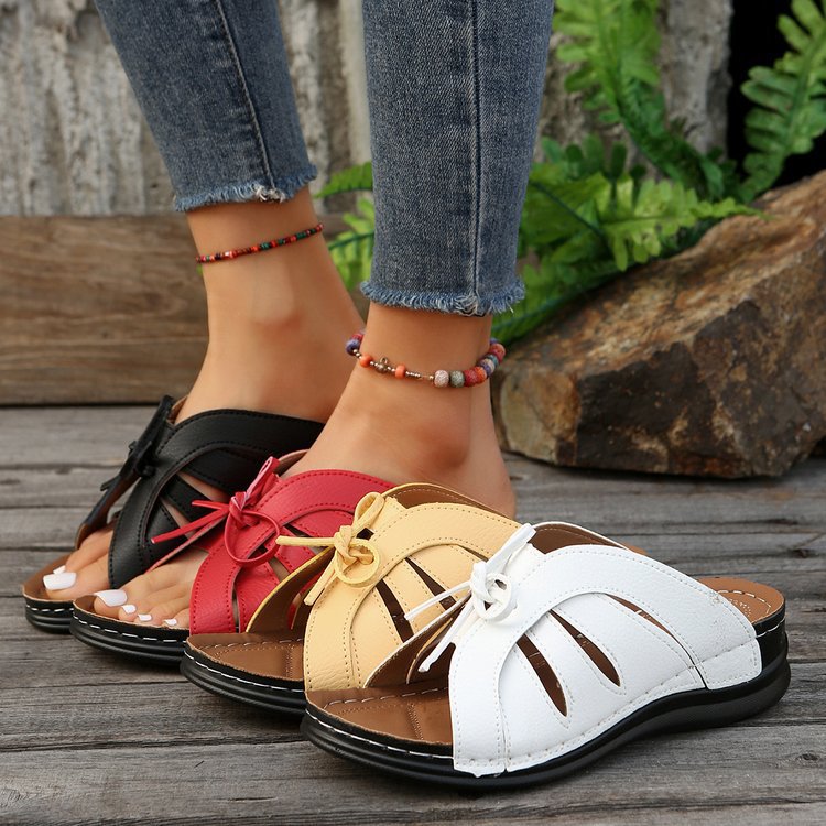 Women Summer Wedge Peep-Toe Slippers Solid Bow Roman Sandals