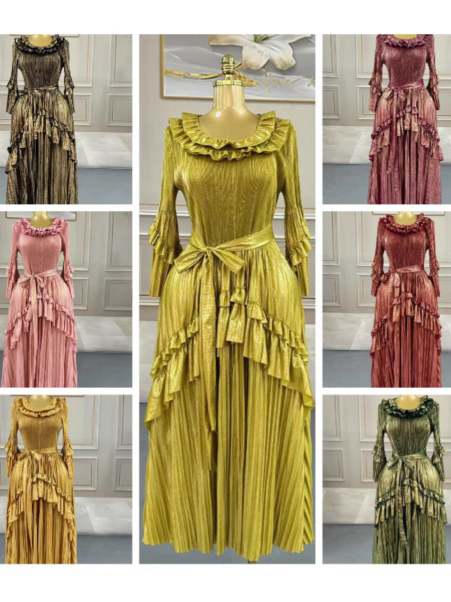 Plus Size Women Bell Bottom Sleeve Elegant Shiny Pleated Dress 9