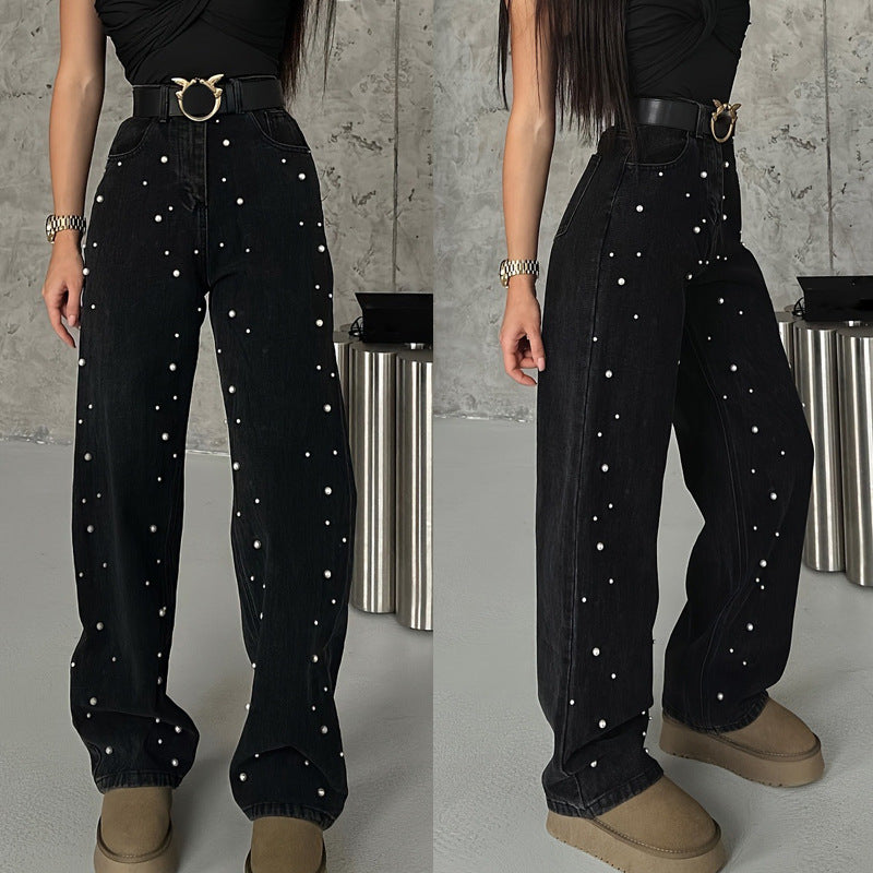 Women beaded black washed stretchy denim pant 6