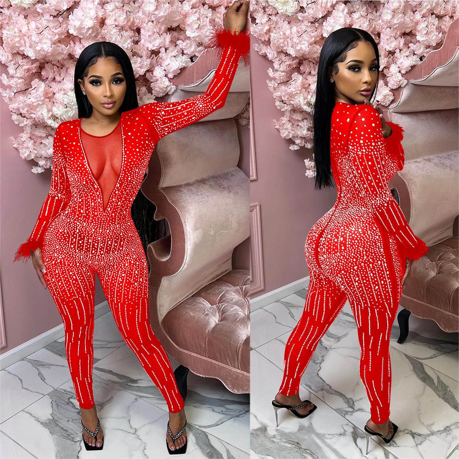 Fashion Women's Mesh Beaded V-Neck Long Sleeve Feather Long Library Jumpsuit 7