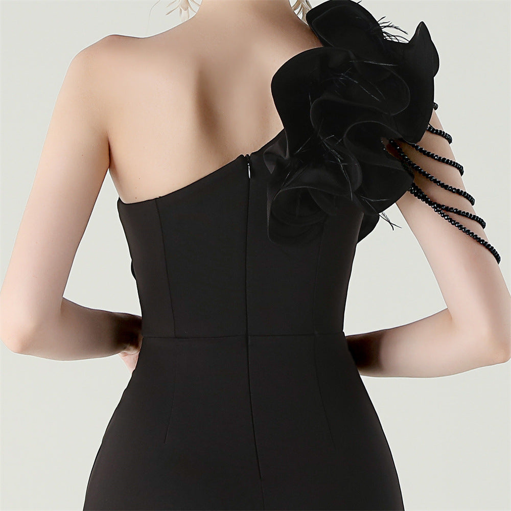 Women One-Shoulder Beaded Wool and Floral Satin Slit Sexy Evening Dress 80