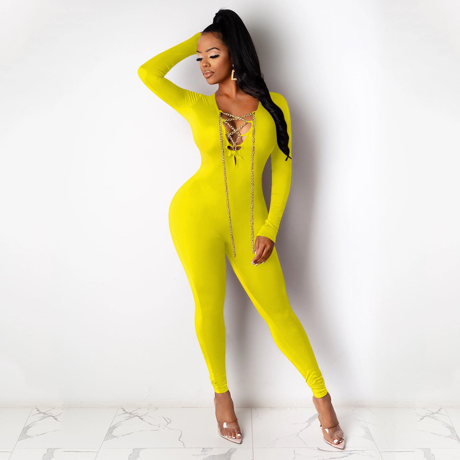 Women Sexy V-neck Chain Cross Lace Up Jumpsuit 5