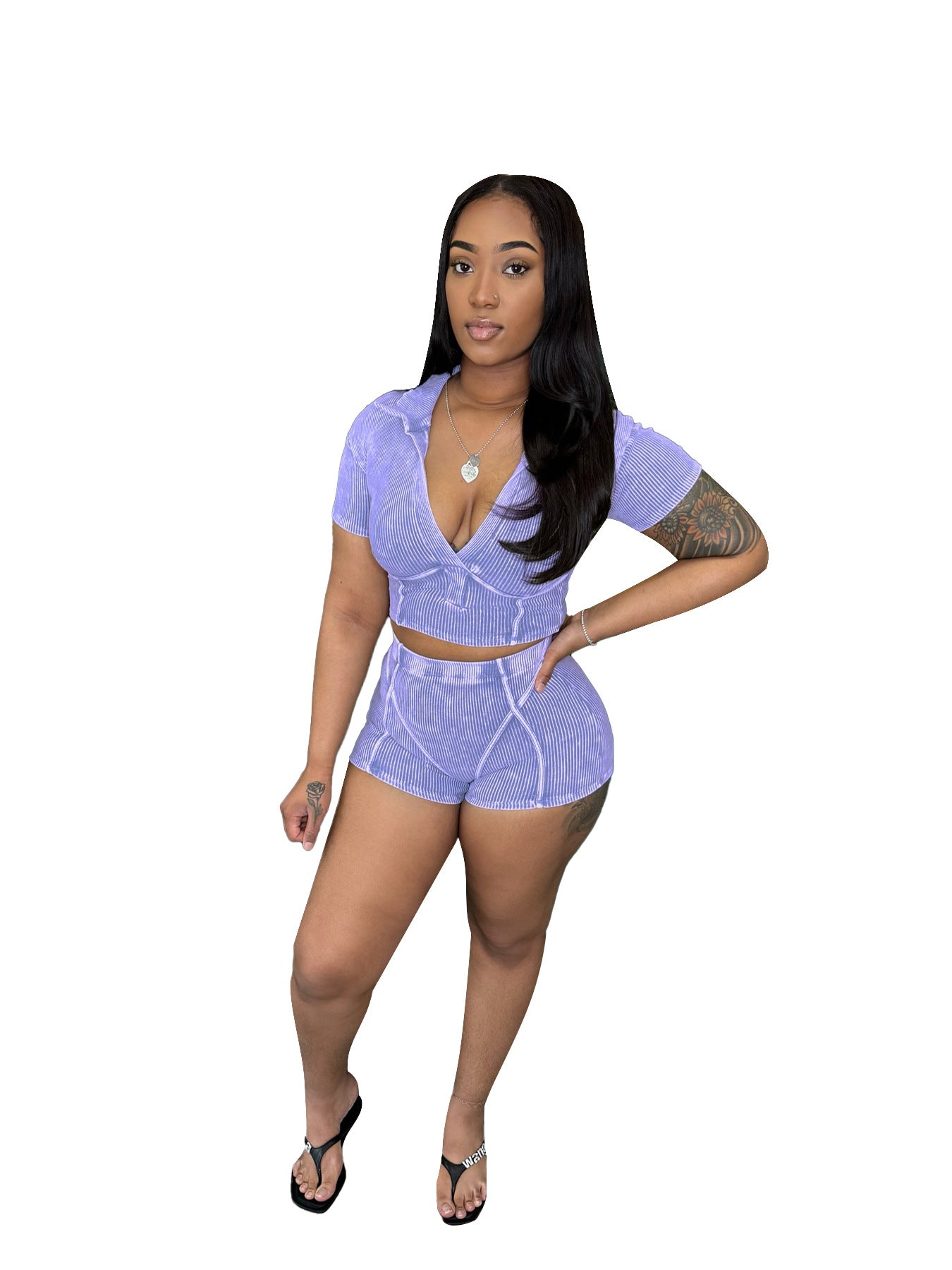 Women's Turndown Collar Deep V Short Sleeve Cotton Ribbed Top Shorts Two Piece Set 7