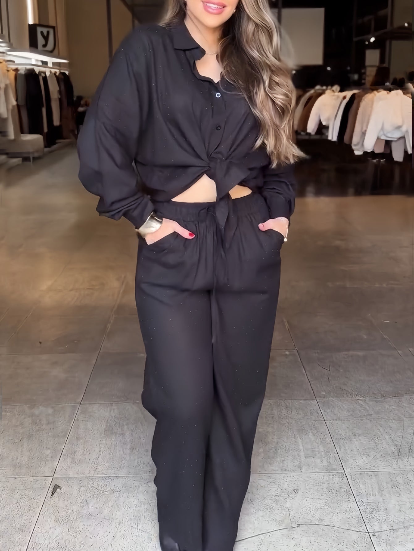 Women's Beaded Star-Embellished Blouse & Drawstring Wide-Leg Pants Set