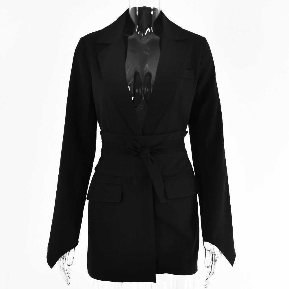 WomenCasual Solid Long Sleeve Lace-Up Belted Blazer 9