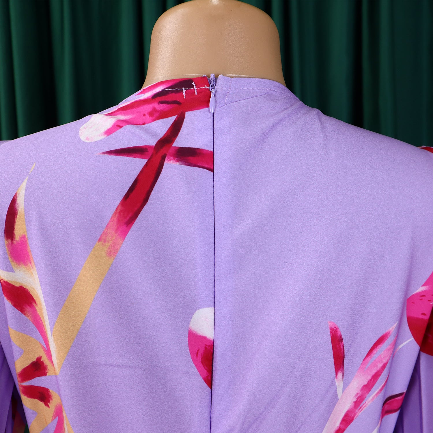 Women's V-Neck Long Sleeve Printed Pleated Chic Long Dress 13