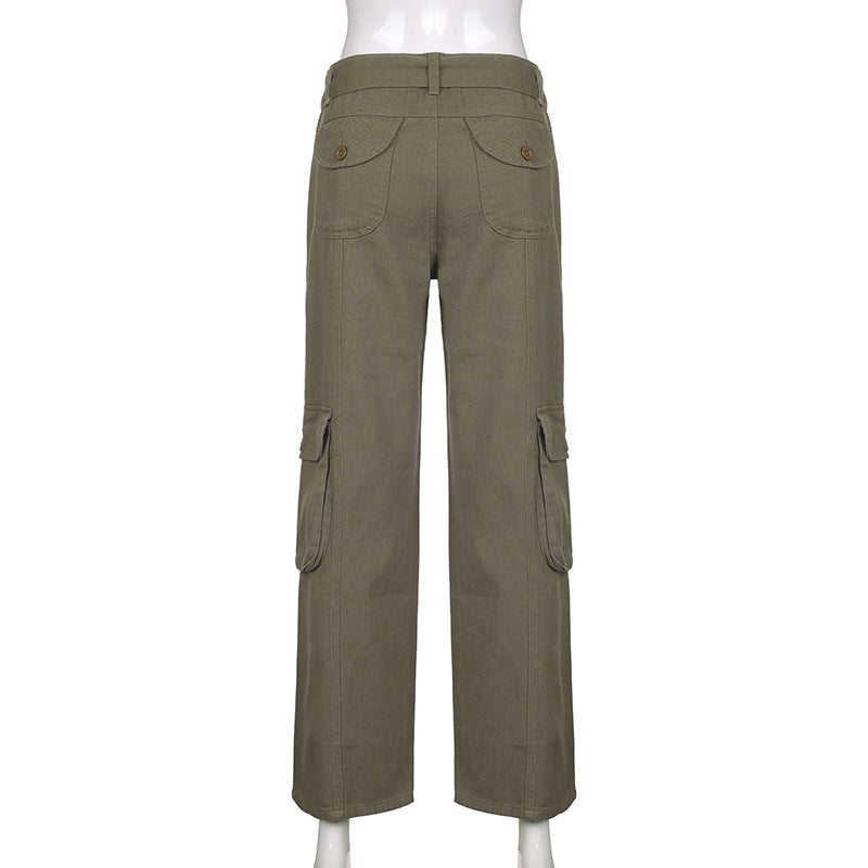 Street Hipster Women Clothing Casual Loose Drawstring Belt High Waist  Grey Wide Leg Denim Cargo Pants 17