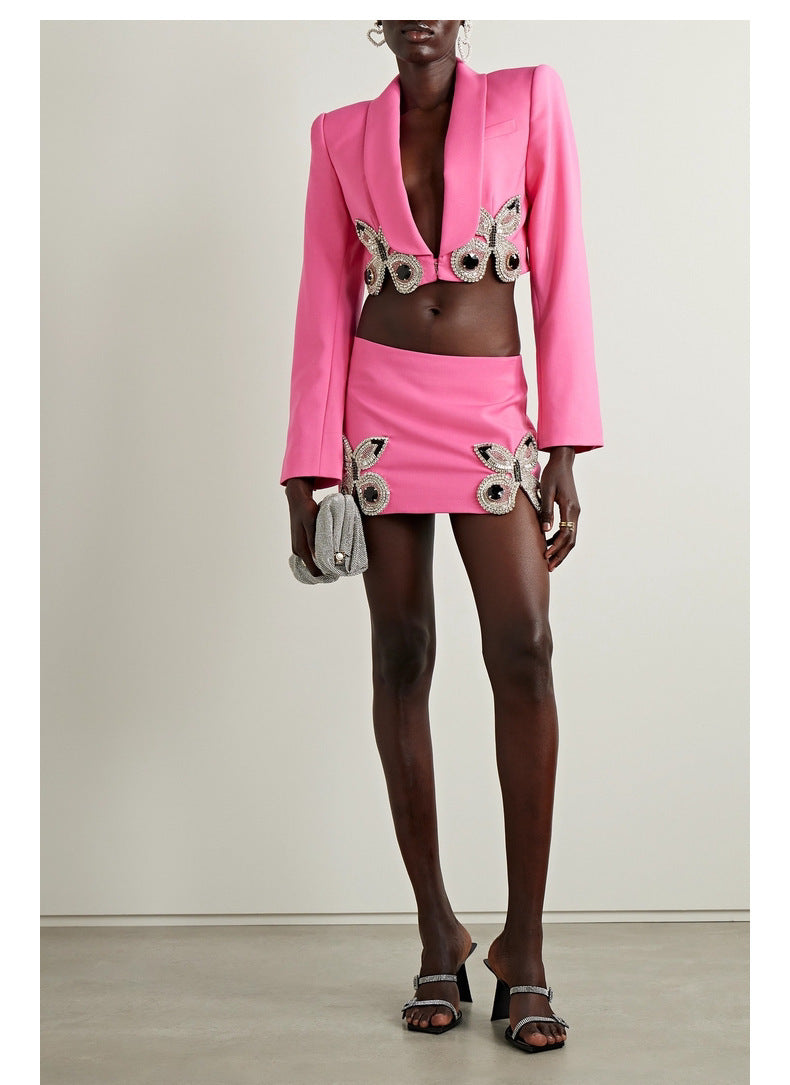 Women Diamond Butterfly Blazer and Skirt Two-piece Set 7