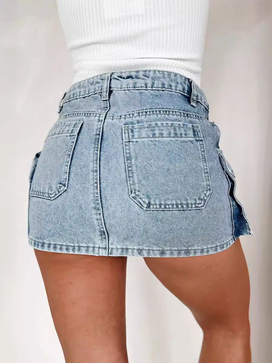 Women Summer Washed Style Pocket Asymmetrical Cargo Denim Skirt 3