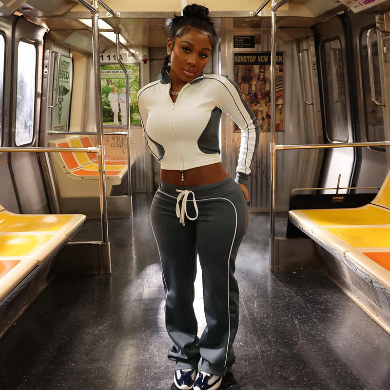 Women's autumn and winter contrast color zipper top elastic high waist trousers two piece set 5