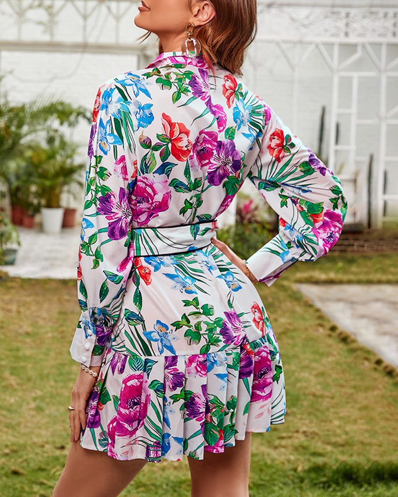 Women'S Fall Floral Printed Long Sleeve Shirt Pleated Dress 3