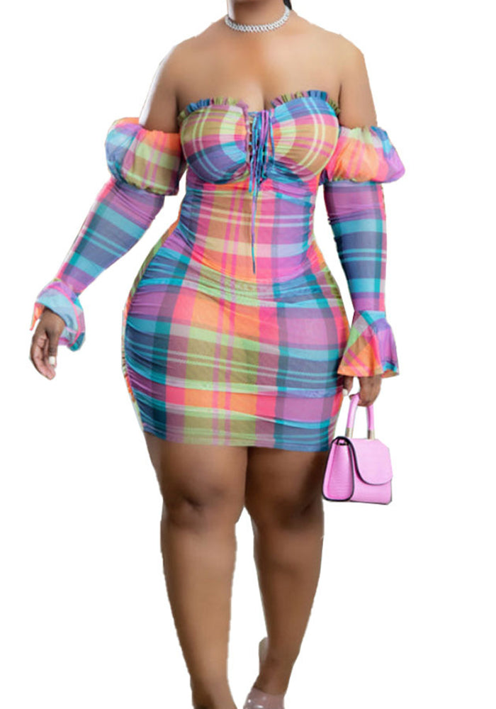 Women Print See-Through Mesh Off Shoulder Dress