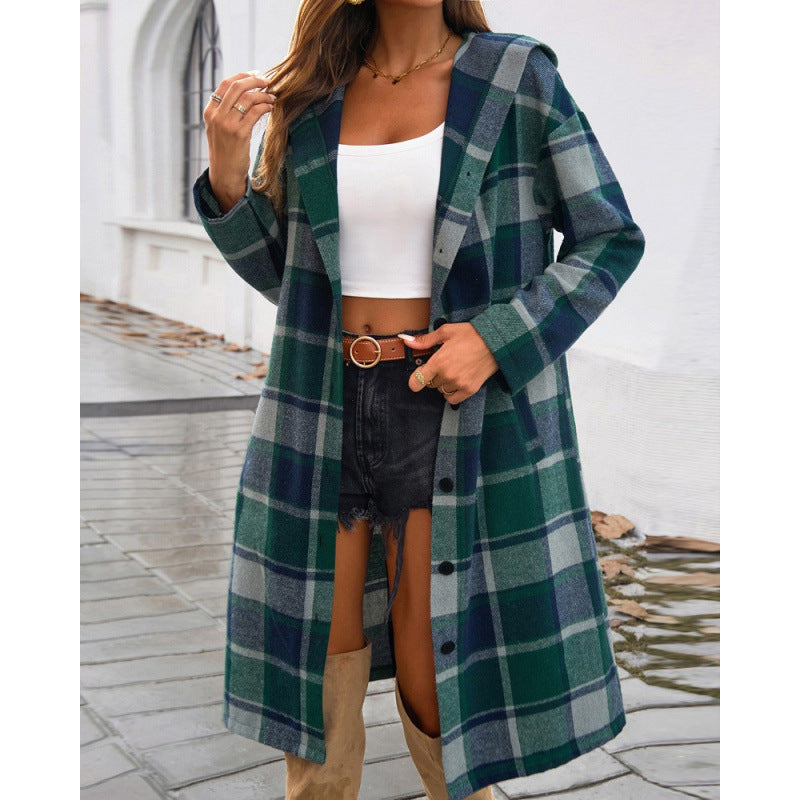 Women Plaid Hooded Long-sleeved Coat 10