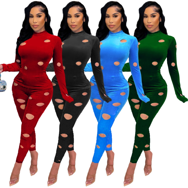 Winter Green Velvet Hollow Out Sexy Tight Shirt and Pants Two Piece Set 3